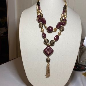Vintage long maroon gold statement necklace